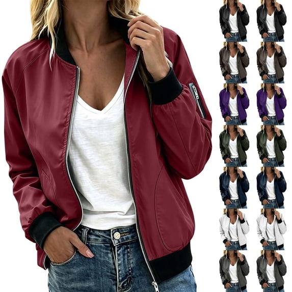 Mifsaly Womens Bomber Jacket Lightweight Windproof Full Zip Up Coat Casual Daily Office Work Outerwear with Pockets Wine,XL