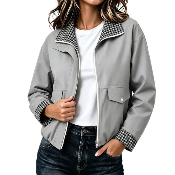 Mifsaly Womens Bomber Jackets Zip Up Collared Plaid Lining Windbreaker Jacket Fall Winter Windproof Comfort Daily Wear Outdoor Activity Work Office Casual Outfits Gray,2XL