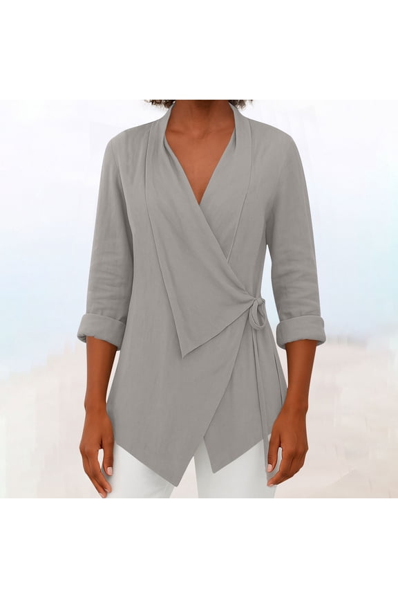 Womens Business Casual Tops Long Sleeve Wrap Front Tie Waist Blouse Elegant Draped Work Linen Shirt Lightweight Summer Tees XXL