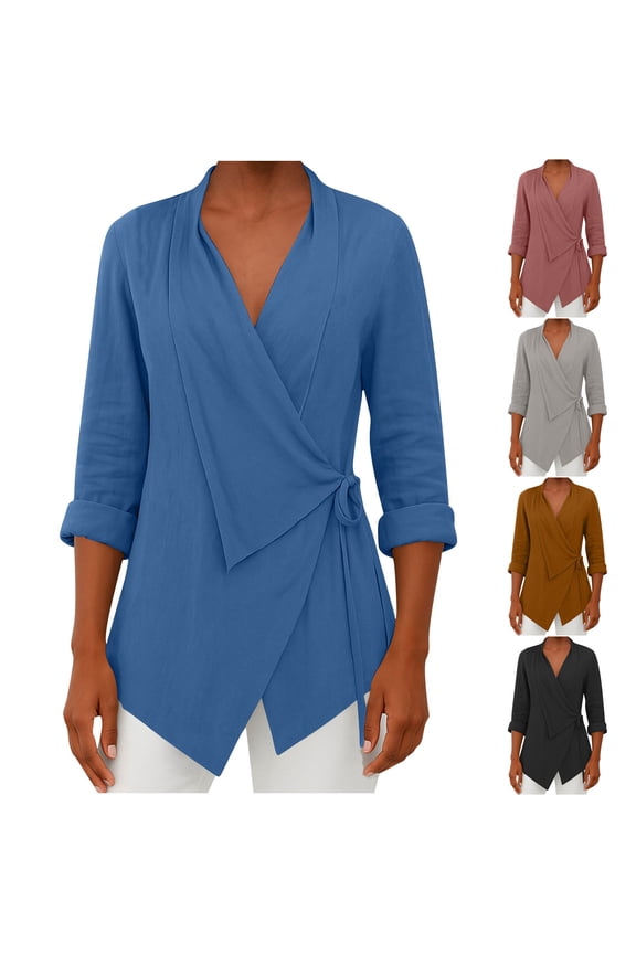 Womens Business Casual Tops Long Sleeve Wrap Front Tie Waist Blouse Elegant Draped Work Linen Shirt Lightweight Summer Tees XXXL