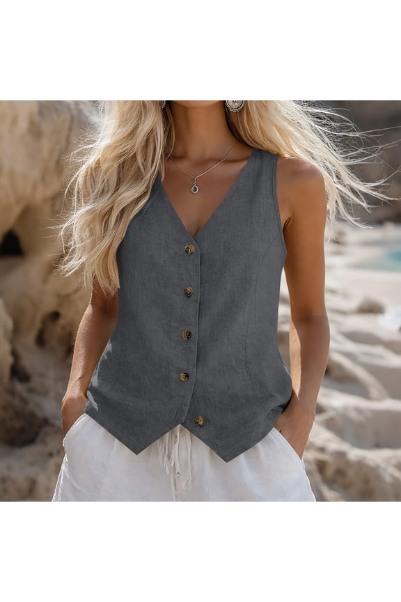 Womens Button Down Vest Tops V Neck Sleeveless Cotton Linen Waistcoat Lightweight Casual Summer Work office Layering Clothes Gray,XXL
