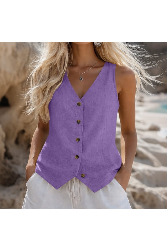 Womens Button Down Vest Tops V Neck Sleeveless Cotton Linen Waistcoat Lightweight Casual Summer Work office Layering Clothes Purple,XL