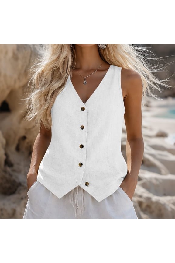 Womens Button Down Vest Tops V Neck Sleeveless Cotton Linen Waistcoat Lightweight Casual Summer Work office Layering Clothes White,XL