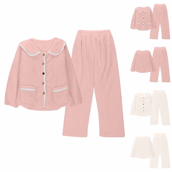 Mifsaly Womens Button Down Pajama Sets Fleece Winter Pjs Warm Loose Homewear Long Sleeve Lapel Sleepwear with Pockets Soft Cozy Nightwear Thermal High Waisted Fuzzy Wide Leg Pants