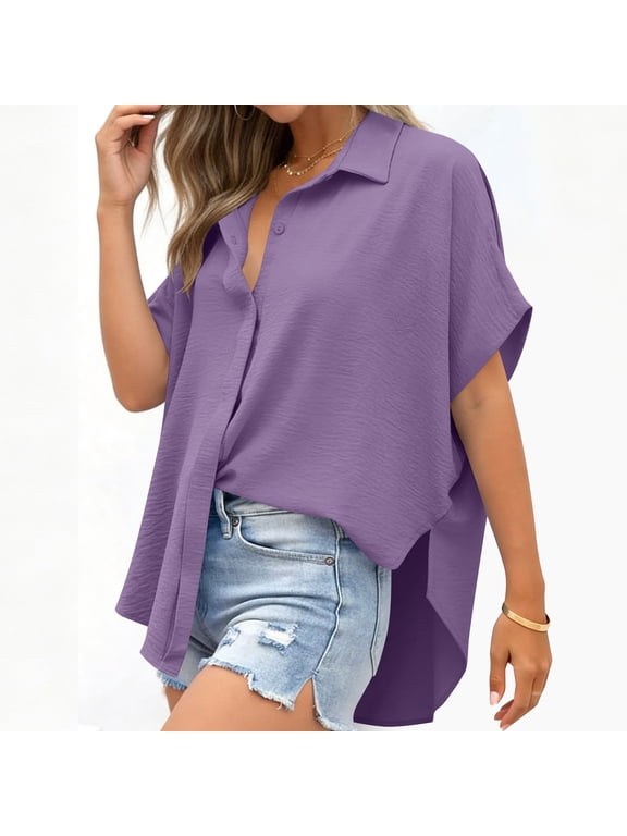 Womens Button Down Shirt Short Sleeve Casual Blouse Collared V Neck Loose Fit Summer Top Crepe Textured Lightweight Office Work Button Up Shirts Purple,S