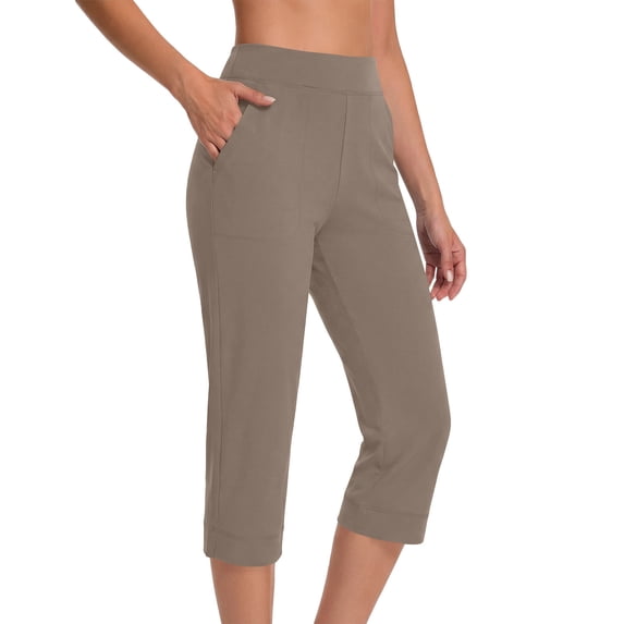 Mifsaly Womens Capri Yoga Pants High Waisted Leggings Slim Fit Stretchy Workout Pant Comfortable Gym Athletic Summer Activewear with Pockets Khaki