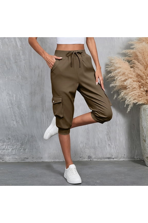 Womens Cargo Capri Joggers Elastic Waist Drawstring Cropped Pants with Multi Pockets Banded Cuff Lightweight Outdoor Hiking Workout Capris Brown,S