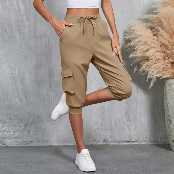 Mifsaly Womens Cargo Capri Joggers Elastic Waist Drawstring Cropped Pants with Multi Pockets Banded Cuff Lightweight Outdoor Hiking Workout Capris Khaki,M