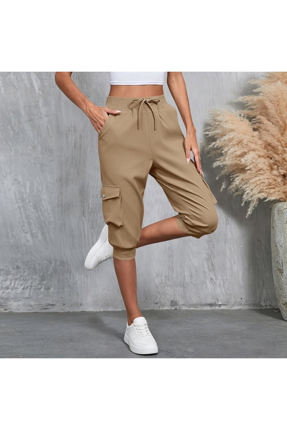Womens Cargo Capri Joggers Elastic Waist Drawstring Cropped Pants with Multi Pockets Banded Cuff Lightweight Outdoor Hiking Workout Capris Khaki,S