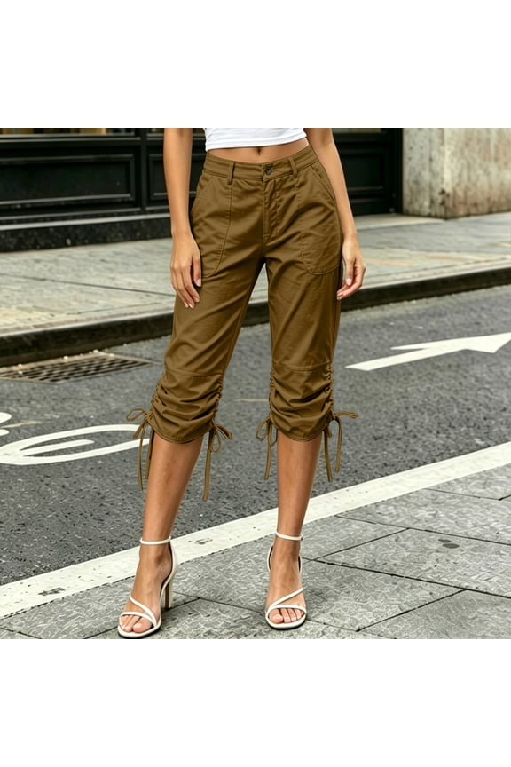 Womens Cargo Capri Pants Lightweight Quick-Dry Hiking Cropped Trousers with Adjustable Ruched Hem Soft Comfortable Office Work Casual Summer Clothes Khaki,L