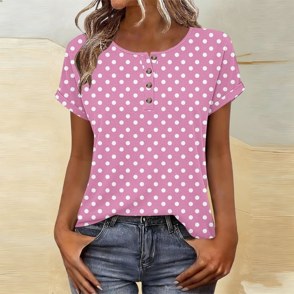 Mifsaly Womens Casual Loose Fit Top Scoop Neck Button Down Short Sleeve Casual Summer Shirt Polka Dot Rolled Cuff Basic Daily Office Work Tee Flattering Lightweight Blouse XXL