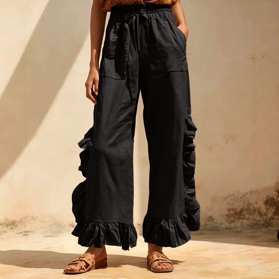Mifsaly Womens Casual Pants Elastic Waist Drawstring Wide Leg Trousers Ruffle Trim Lightweight Breathable Summer Vacation Lounge Everyday Clothes with Pockets Black,XXL