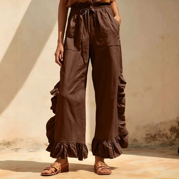 Mifsaly Womens Casual Pants Elastic Waist Drawstring Wide Leg Trousers Ruffle Trim Lightweight Breathable Summer Vacation Lounge Everyday Clothes with Pockets Brown,S