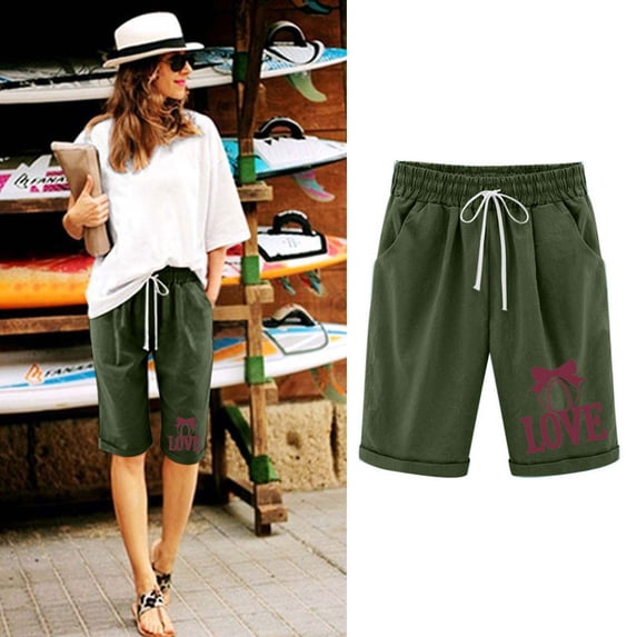 Mifsaly Womens Casual Shorts Smocked Elastic Waist Beach Short Pants Baseball Bow Print Relaxed Lounge Trousers Everyday Summer Vacation Clothes with Pockets M