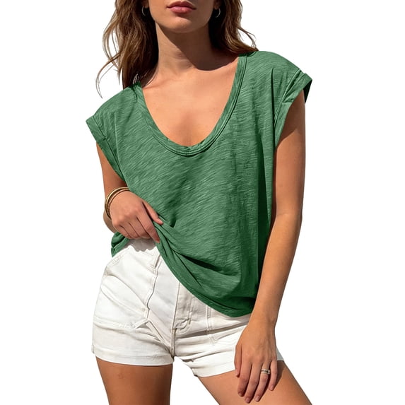 Mifsaly Womens Casual T-Shirt Scoop Neck Short Cap Sleeve Relaxed Fit Summer Tee Breathable Slub Knit Daily Wear Lightweight Fashion Basic Top Green,L