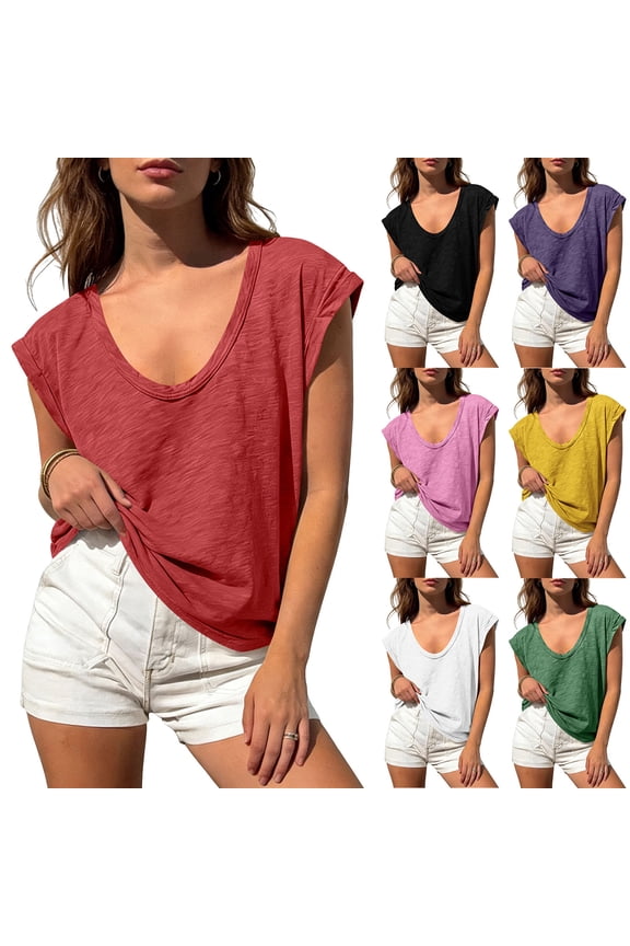 Womens Casual T-Shirt Scoop Neck Short Cap Sleeve Relaxed Fit Summer Tee Breathable Slub Knit Daily Wear Lightweight Fashion Basic Top Red,S