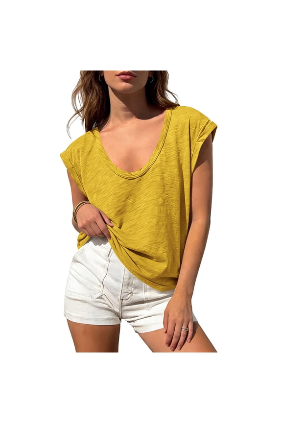 Womens Casual T-Shirt Scoop Neck Short Cap Sleeve Relaxed Fit Summer Tee Breathable Slub Knit Daily Wear Lightweight Fashion Basic Top Yellow,XL