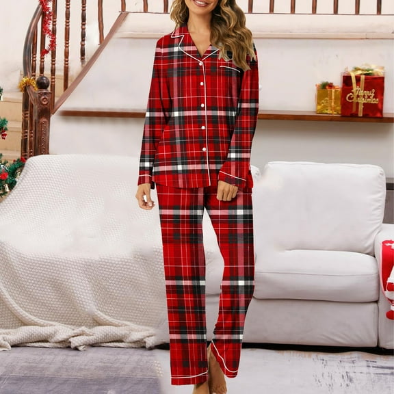 Mifsaly Womens Christmas Pajamas Sets Winter 2 Piece Pjs V-Neck Long Sleeve Lapel Pullover Sleepwear Xmas Tree Button Down Loose Nightwear High Waist Pants with Pockets 2025 Festival Homewear