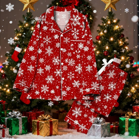 Mifsaly Womens Christmas Pajamas Sets Xmas Santa Print 2 Piece Pjs V-Neck Long Sleeve Sleepwear Button Down Loose Pullover Nightwear Breathable Cozy Wide Leg Pants 2025 Festival Lounge Homewear