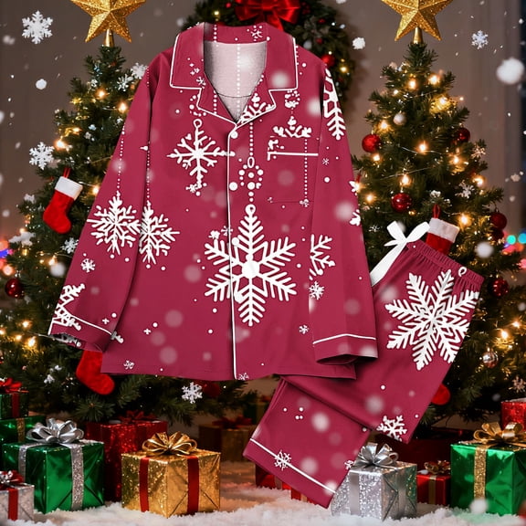 Mifsaly Womens Christmas Pajamas Sets Xmas Santa Print 2 Piece Pjs V-Neck Long Sleeve Sleepwear Button Down Loose Pullover Nightwear Breathable Cozy Wide Leg Pants 2025 Festival Lounge Homewear