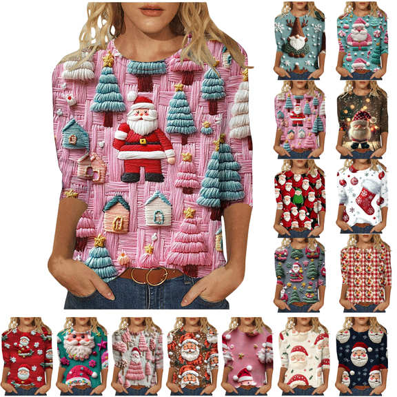 Mifsaly Womens Christmas Shirt Plus Size 3/4 Sleeve Crewneck T-Shirts Loose Fit Xmas Santa Graphic Tops Pullover Holiday Party Casual Blouse 2025 Festival Clothing