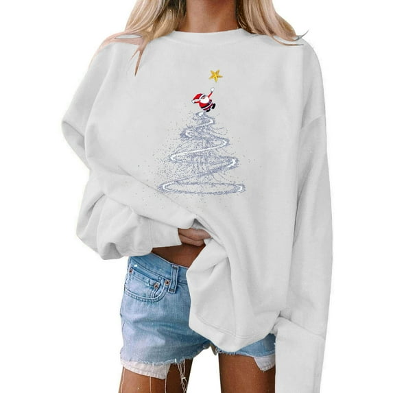Mifsaly Womens Christmas Sweatshirt Funny Xmas Santa Loose Pullover Tops Long Sleeve Crewneck Vintage Shirt Bright and Merry Festival Party T-Shirts 2025 Holiday Outfits