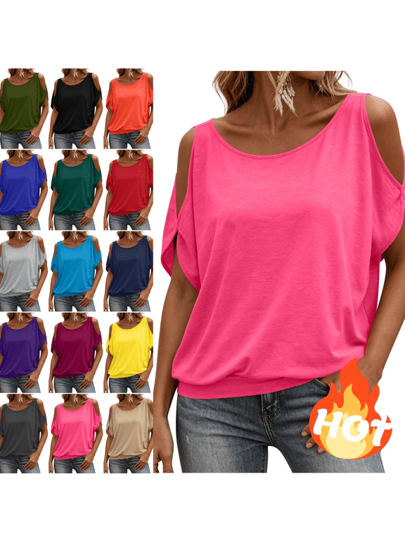 Womens Cold Shoulder Tops Summer Casual Short Sleeve T Shirts Flattering Cutout Open Shoulder Loose Fit Tunic Blouses Hot Pink,M