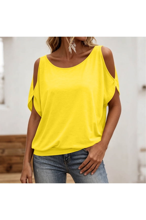 Womens Cold Shoulder Tops Summer Casual Short Sleeve T Shirts Flattering Cutout Open Shoulder Loose Fit Tunic Blouses Yellow,L