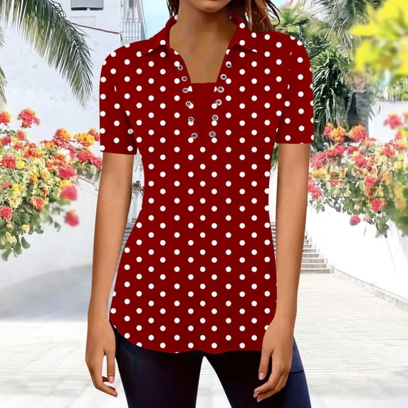 Mifsaly Womens Collared V Neck Short Sleeve Tops Summer Casual Polka Dot Print Shirts Slim Fit Work Office Blouse 2026 M