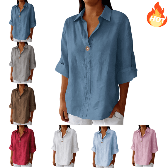 Mifsaly Womens Cotton Linen Shirt Lapel 3/4 Sleeve Tops 2026 Button Front Casual Loose Blouses Lightweight Breathable Work Vacation Outfits M