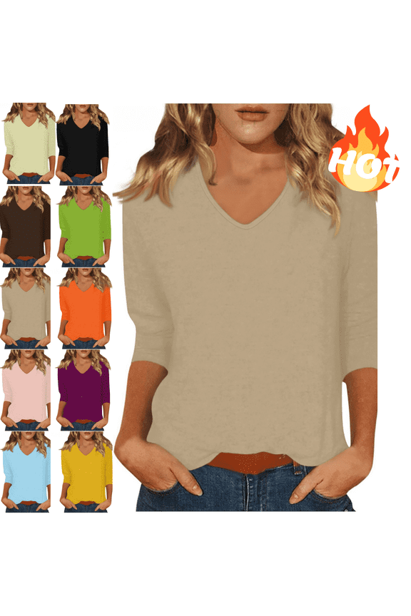 Womens Cotton Tshirts Relaxed Fit 3/4 Sleeve V Neck T-Shirt Casual Soft Breathable Basic Tee Work Daily Wear Lightweight Summer Tops Khaki,M