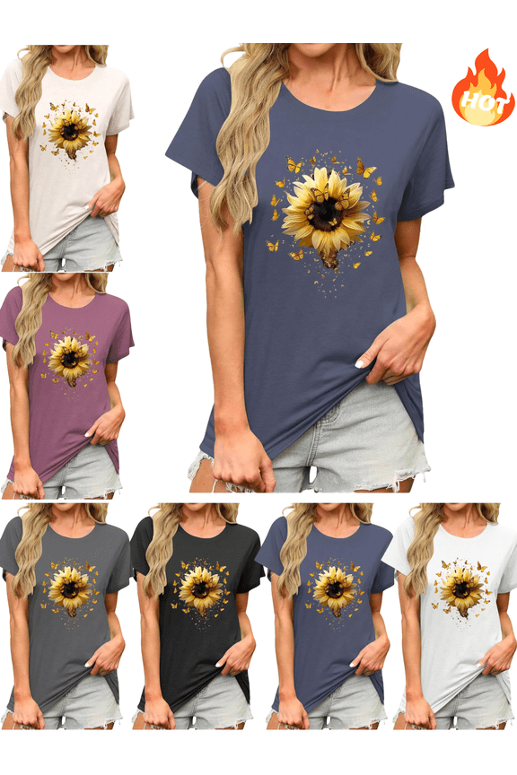 Womens Cotton Tshirts Sunflower Butterflies Graphic Basic Tee Crewneck Short Sleeve Loose Fit Top Nature Lovers Summer Blouse S