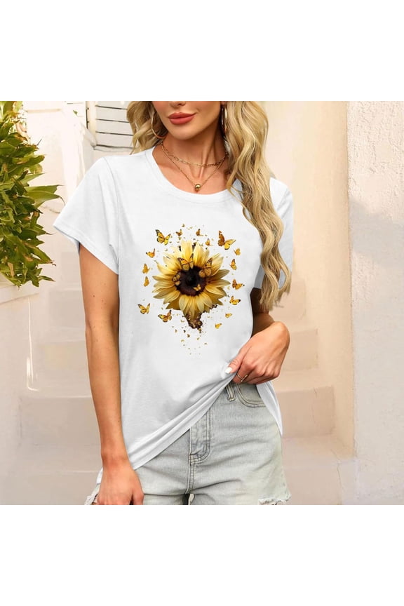 Womens Cotton Tshirts Sunflower Butterflies Graphic Basic Tee Crewneck Short Sleeve Loose Fit Top Nature Lovers Summer Blouse S