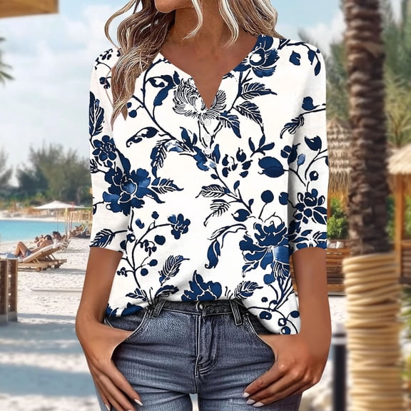 Mifsaly Womens Cotton Tshirts V-Neck 3/4 Sleeve Summer Tops Loose Tunic Office Blouse Color Block Dressy Casual Shirts Cozy Breathable Fashion Officewear L