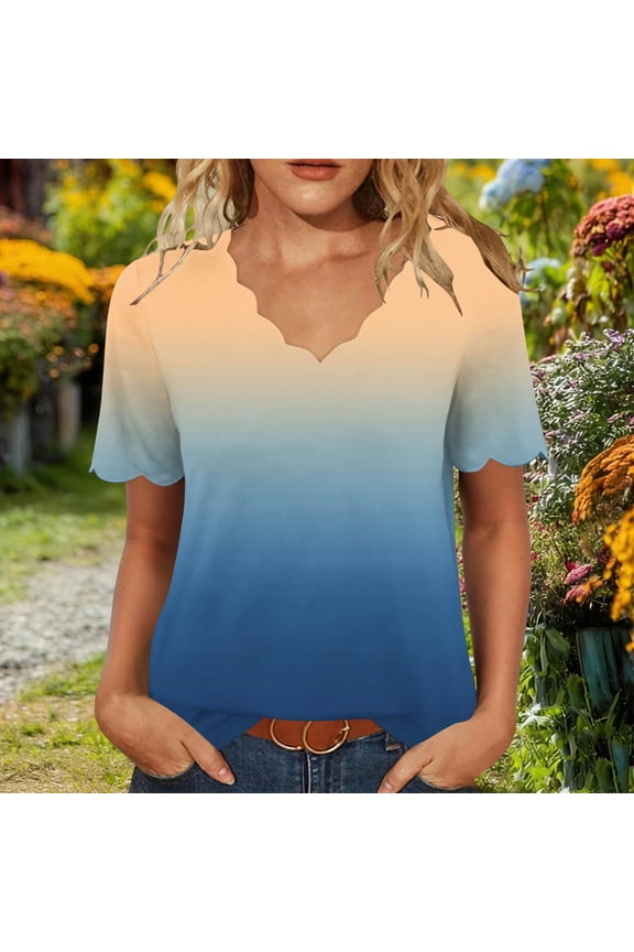 Womens Cotton Tshirts V Neck Scalloped Short Sleeve Summer Tops Gradient Print Flattering Lightweight Everyday Wear Basic Tees Khaki,S