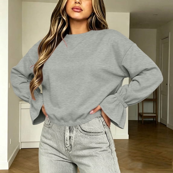 Mifsaly Womens Crew Neck Sweatshirts Flare Sleeve Ruched Solid Elastic Hem Casual Shirts Loose Fit Soft Comfortable Pullover Tops