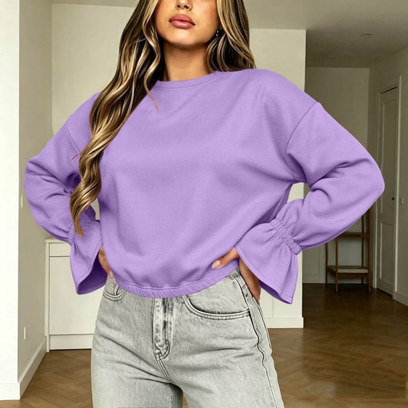 Mifsaly Womens Crew Neck Sweatshirts Flare Sleeve Ruched Solid Elastic Hem Casual Shirts Loose Fit Soft Comfortable Pullover Tops