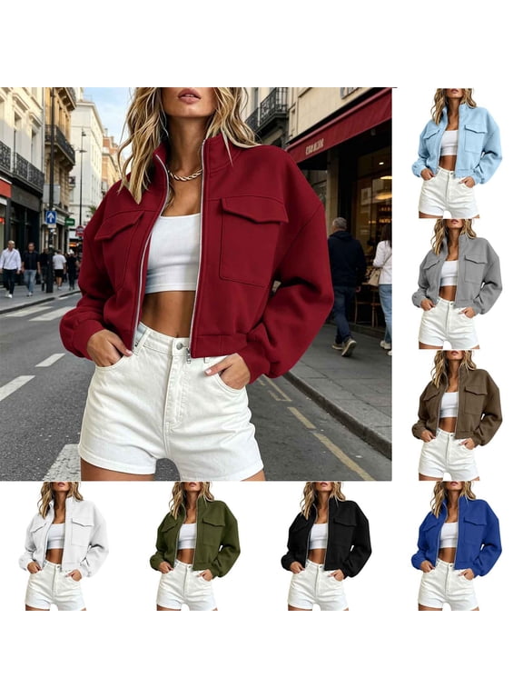 Womens Cropped Bomber Jacket Full Zip Elastic Cuffs Casual Coats Trendy Work Lightweight Spring Fall Outerwear with Pockets