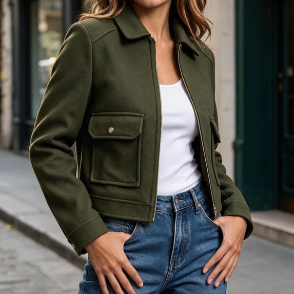 Mifsaly Womens Cropped Bomber Jackets Zip Up Collared Fall Coat Slim Fit Trendy 2026 Daily Casual Going Out Work Office Lounge Outfits with Pockets Green,L