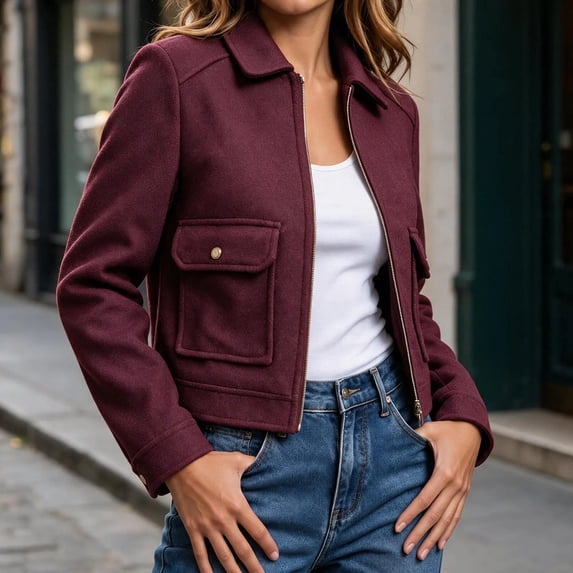 Mifsaly Womens Cropped Bomber Jackets Zip Up Collared Fall Coat Slim Fit Trendy 2026 Daily Casual Going Out Work Office Lounge Outfits with Pockets Wine,M