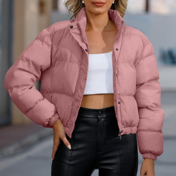 Mifsaly Womens Cropped Puffer Jacket Full Zip Stand Collar Regular Fit Warm Quilted Coat Casual Winter Padded Outerwear Pink,M