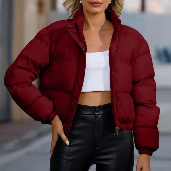 Mifsaly Womens Cropped Puffer Jacket Full Zip Stand Collar Regular Fit Warm Quilted Coat Casual Winter Padded Outerwear Wine,M