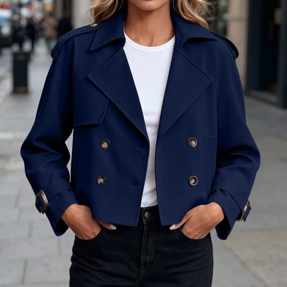 Mifsaly Womens Cropped Trench Coat Notched Lapel Double Breasted Fall Jackets Trendy 2026 Classic Daily Outdoor Dating Wedding Party Work Office Casual Outfits Navy,XL