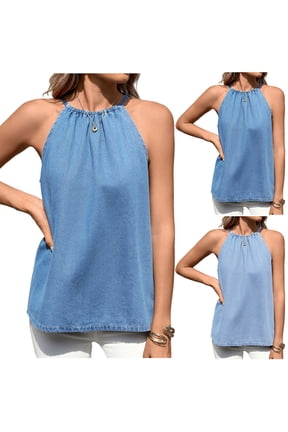 Womens Denim Halter Tops High Neck Sleeveless Chambray Tank Top Loose Fit Keyhole Back Summer Blouse Casual Lightweight Sleeveless Jean Shirts Blue,L