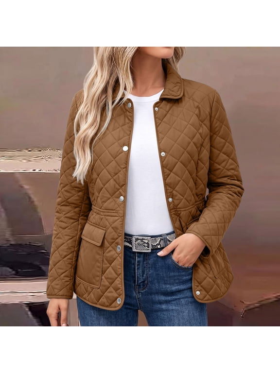 Womens Diamond Quilted Jacket Elastic Waist Button Down Puffer Coat Collared Fall Winter Classic Going Out Causal Outerwear with Pockets