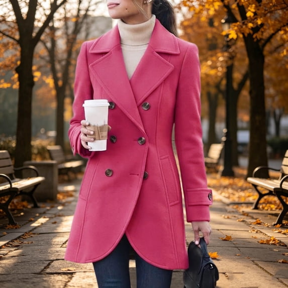 Mifsaly Womens Double Breasted Pea Coat Notch Lapel Long Sleeve Tailored Winter Jacket Warm Elegant Mid Length Outerwear for Office Work Travel Hot Pink,XL