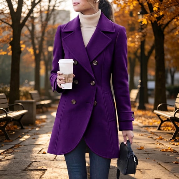 Mifsaly Womens Double Breasted Pea Coat Notch Lapel Long Sleeve Tailored Winter Jacket Warm Elegant Mid Length Outerwear for Office Work Travel Purple,M