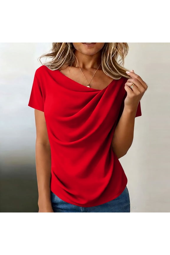 Womens Draped Neck Short Sleeve Tops Asymmetric Ruched Fitted T Shirts Casual Summer Going Out Comfy Elegant Blouses L