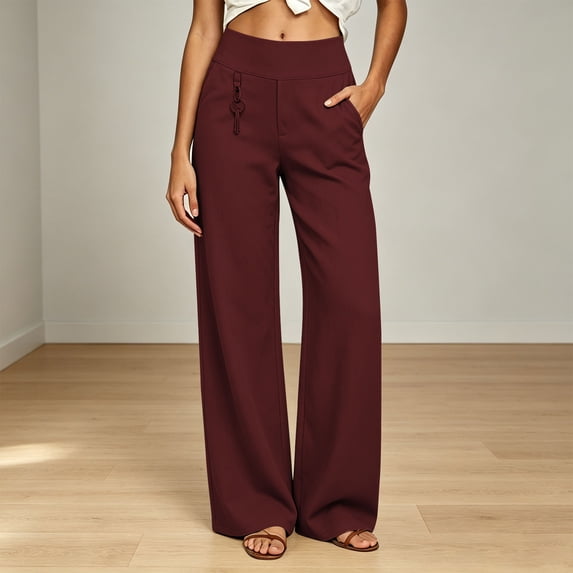 Mifsaly Womens Dress Pants Business Casual High Waisted Straight Leg Trousers with Pockets Comfortable Loose Fit Work Office Pull On Slacks Wine,L