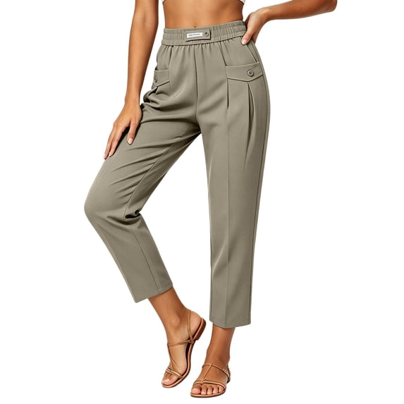 Mifsaly Womens Dress Pants Casual Business Work Office Trousers Elastic Waist Tapered Ankle Length Stretch Slacks with Pockets Green,S